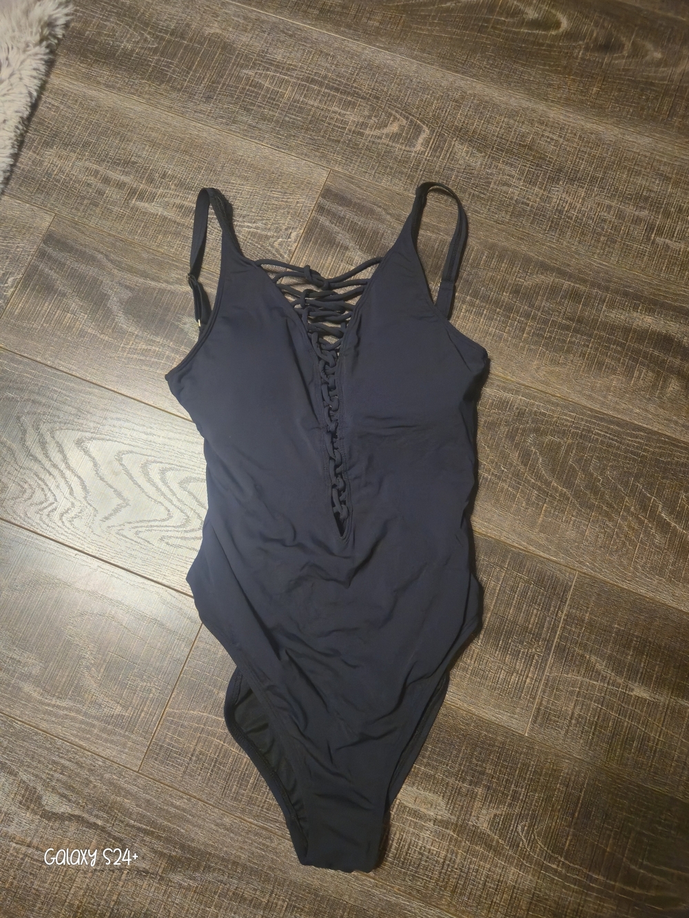 Lace-Up Deep V One-Piece Swimsuit - Black